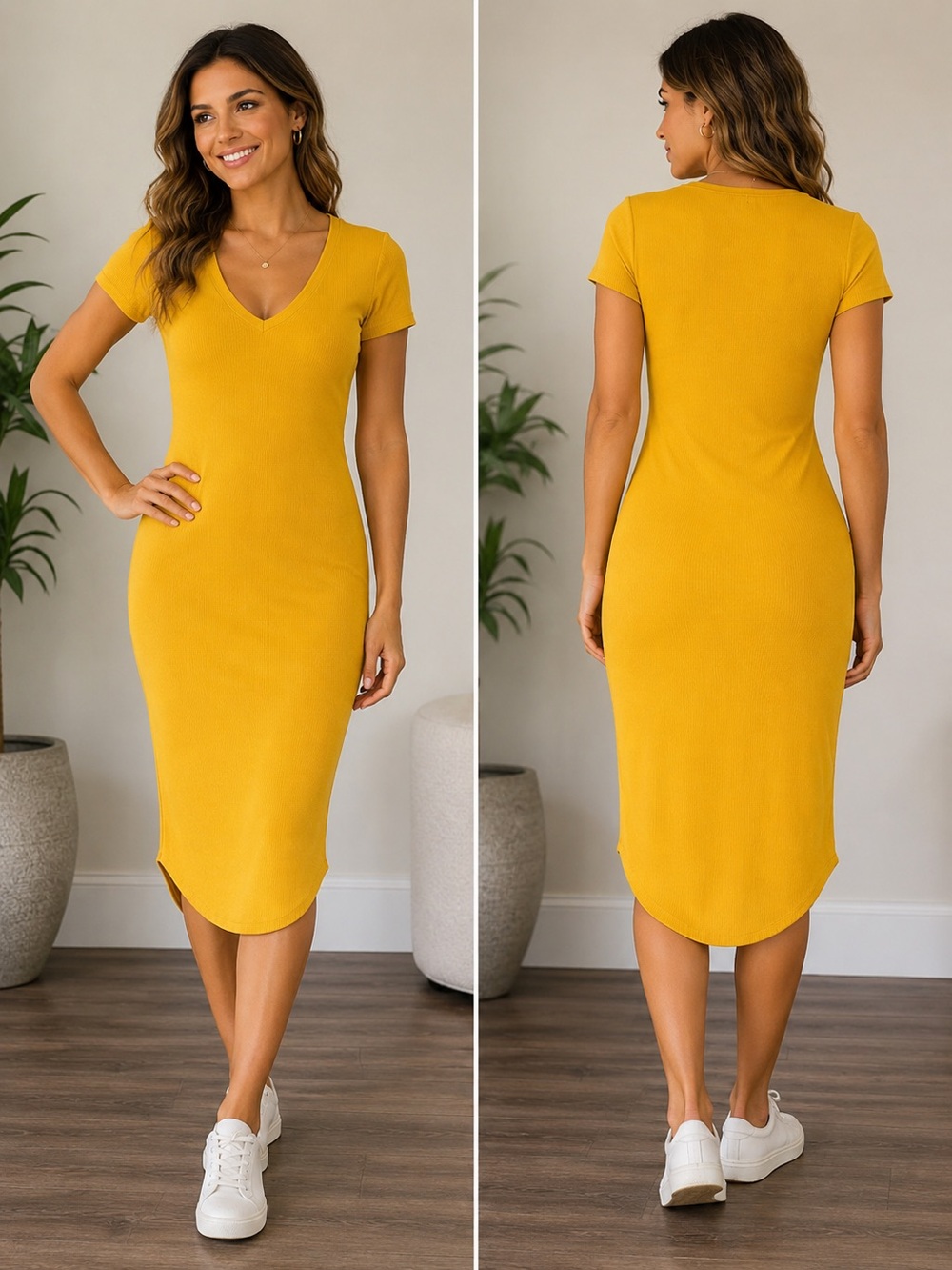 Wilfred Everyday V-Neck Midi Dress – Mustard Yellow
